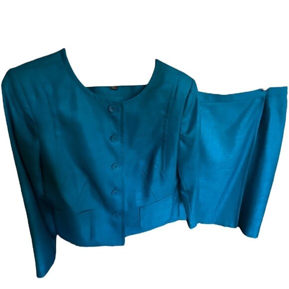 Sag Harbor Suit Womens 2 Piece Skirt Suit Peacock Deep Aqua Textured Size 14P - Picture 1 of 16